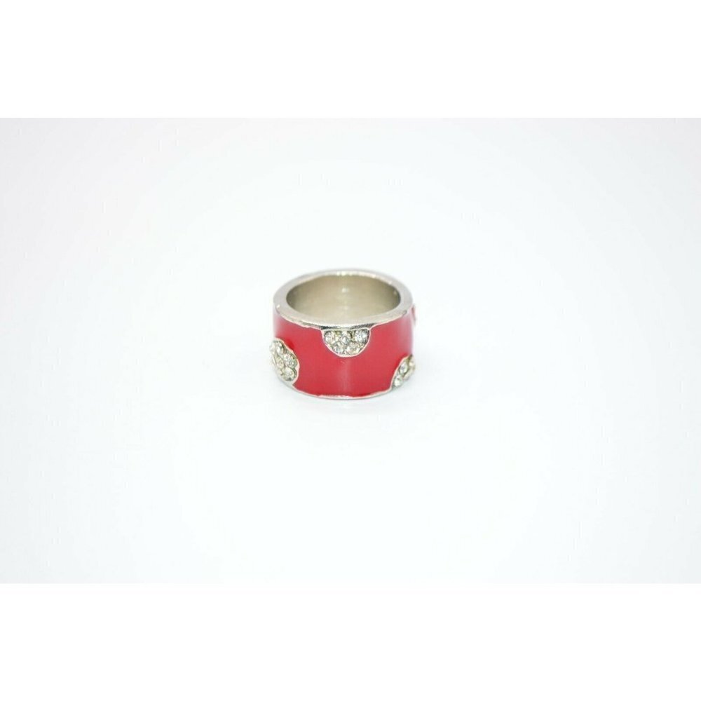 Red Enamel Clear Rhinestone Dot Abstract Silver - Picture 2 of 4